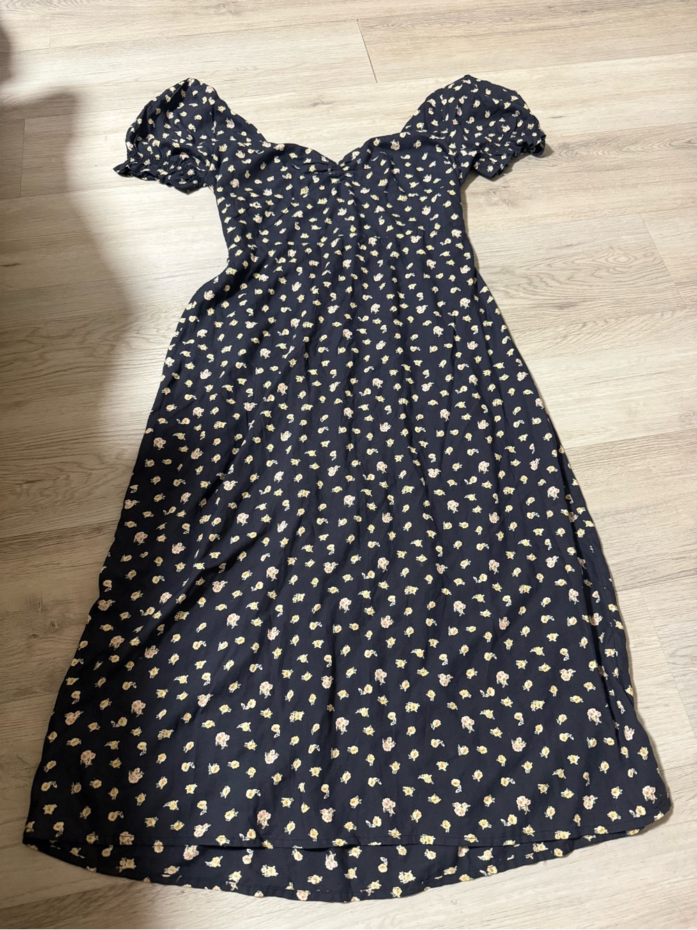 Billabong Love Letters Blk Midi Dress Puff Sleeves Sweetheart Neckline Sz Large - Picture 5 of 10